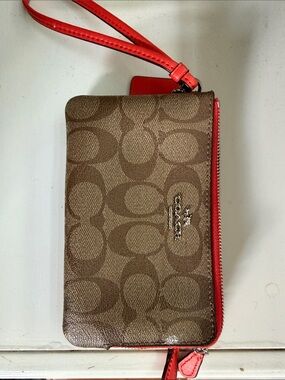 Coach Brown Signature Canvas Wristlet with Red Trim